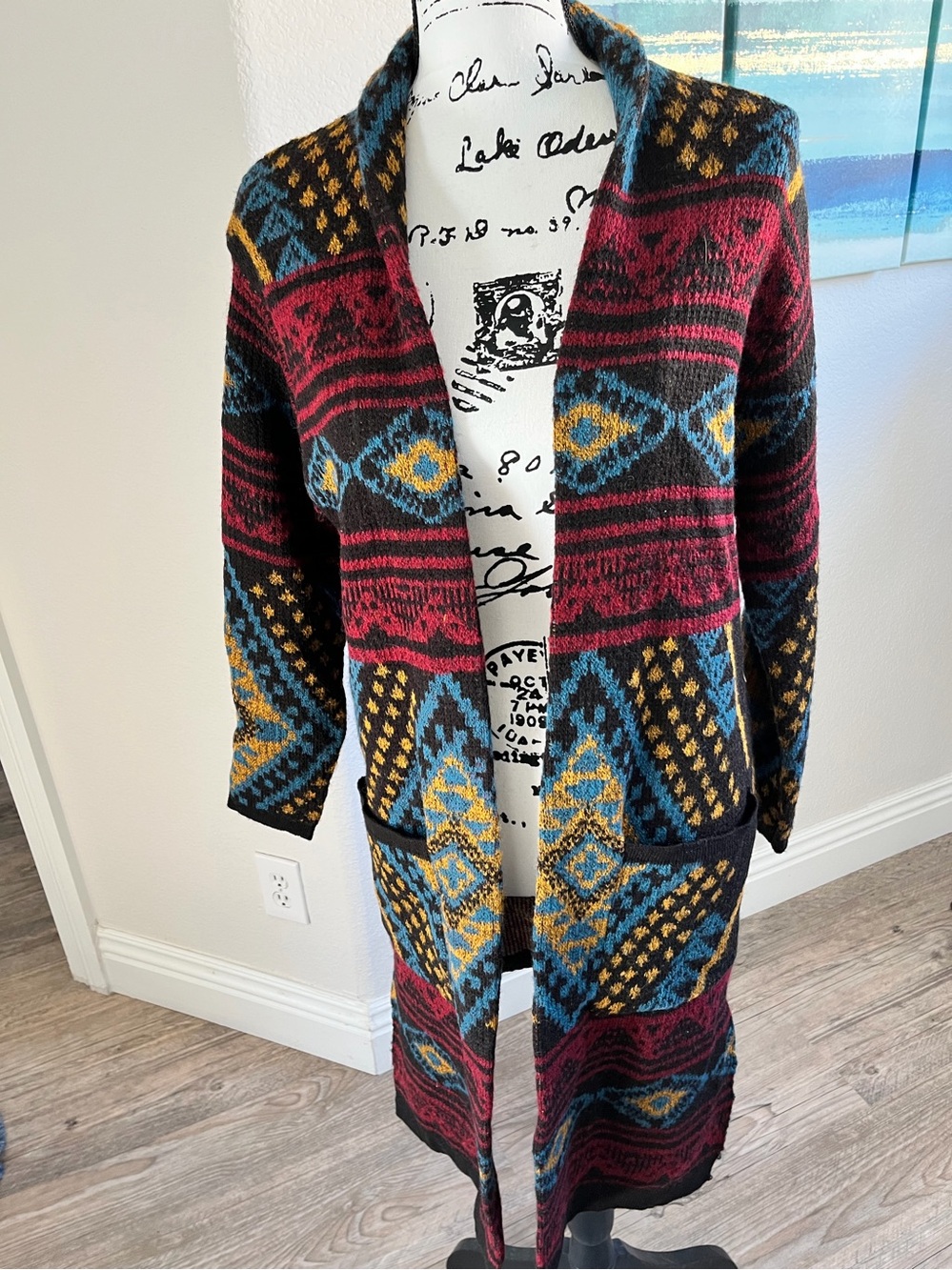Forever 21 Multi-Color Geometric Long Open-Front Cardigan